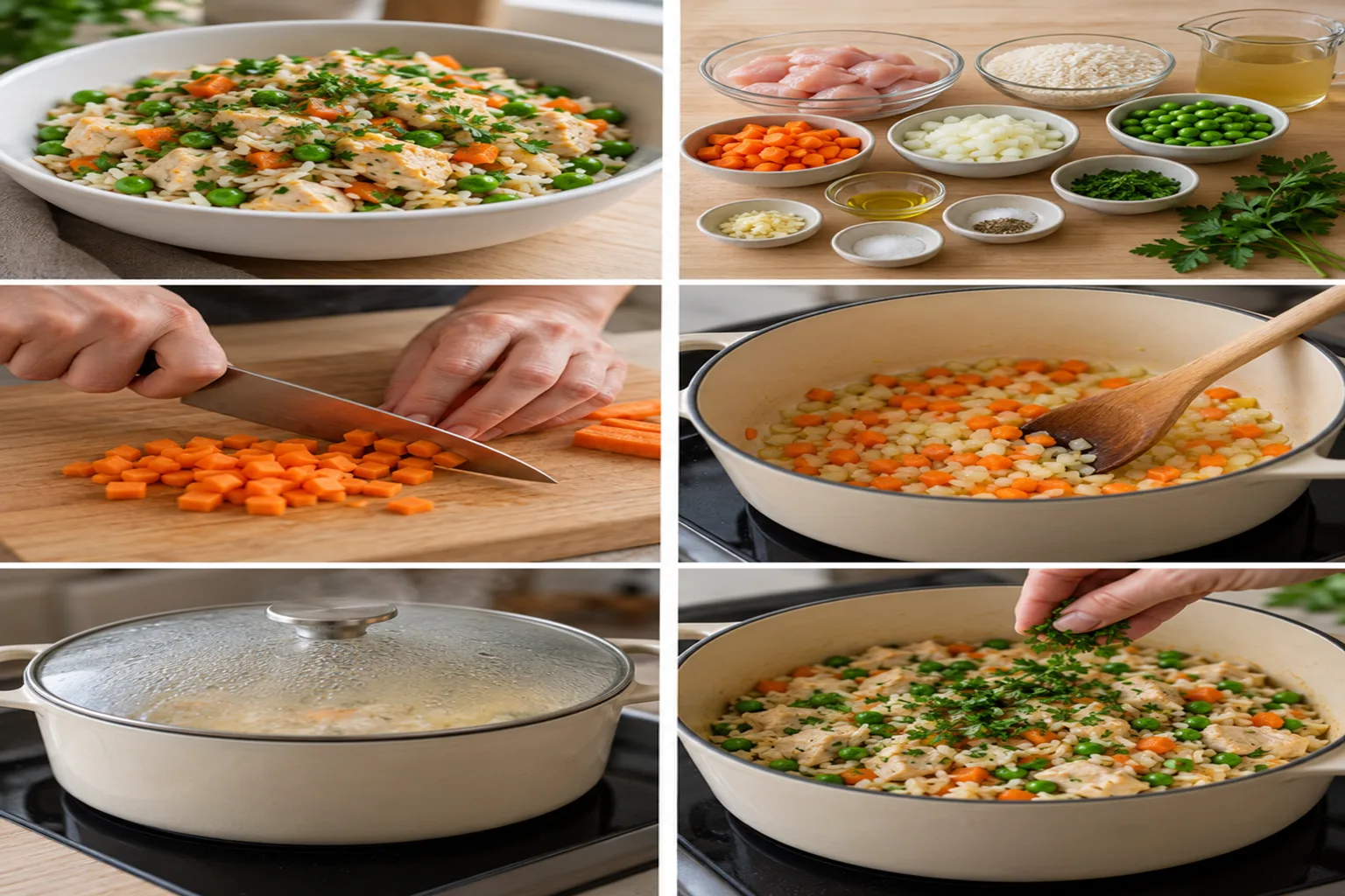 En dyp tallerken fylt med rykende varm kylling og ris, toppet med friske grønne erter og hakket persille. Lys, naturlig belysning fremhever de gylne risene og den møre kyllingen. Bildet er tatt lett ovenfra, med en varm og innbydende følelse.