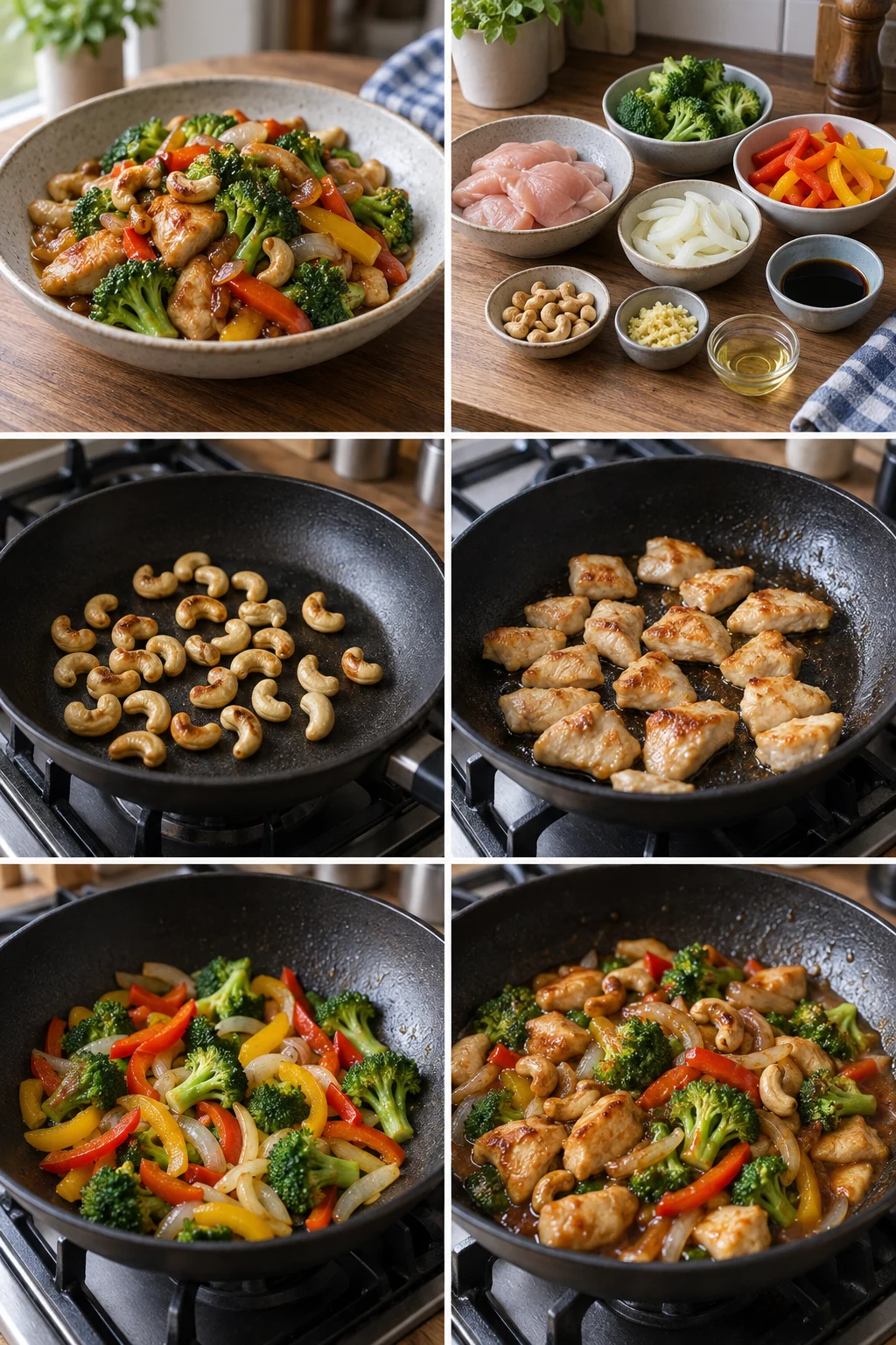 Kip cashew met broccoli paprika ui en zichtbare krokante cashewnoten