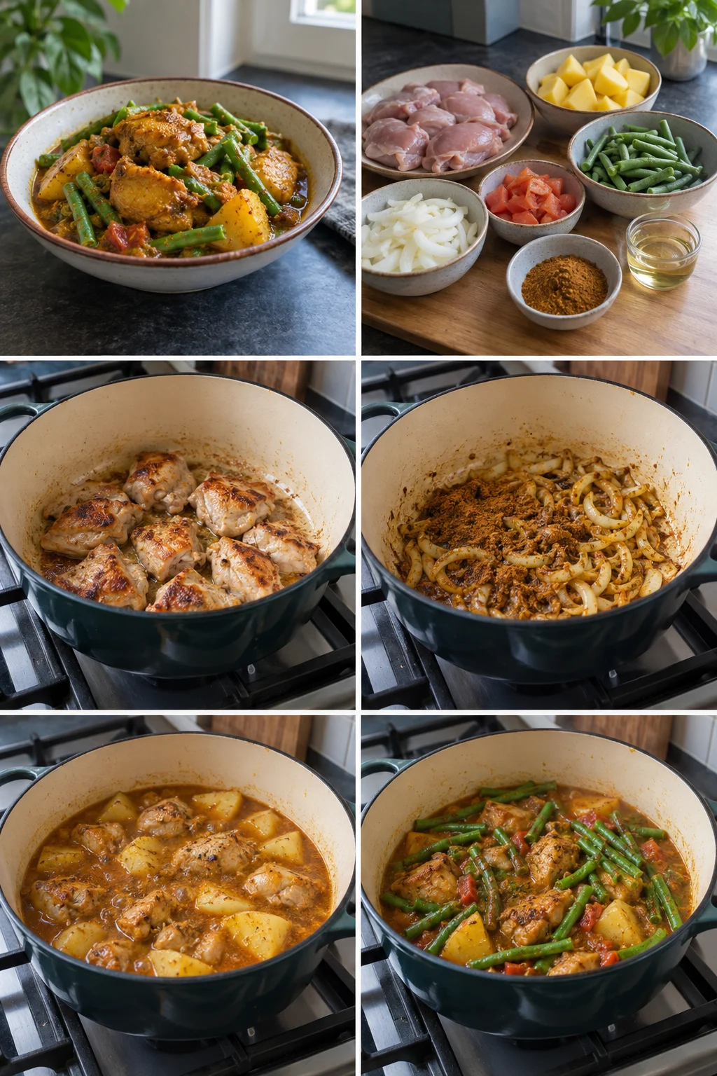 Kip masala met aardappel kousenband en ingekookte tomatensaus