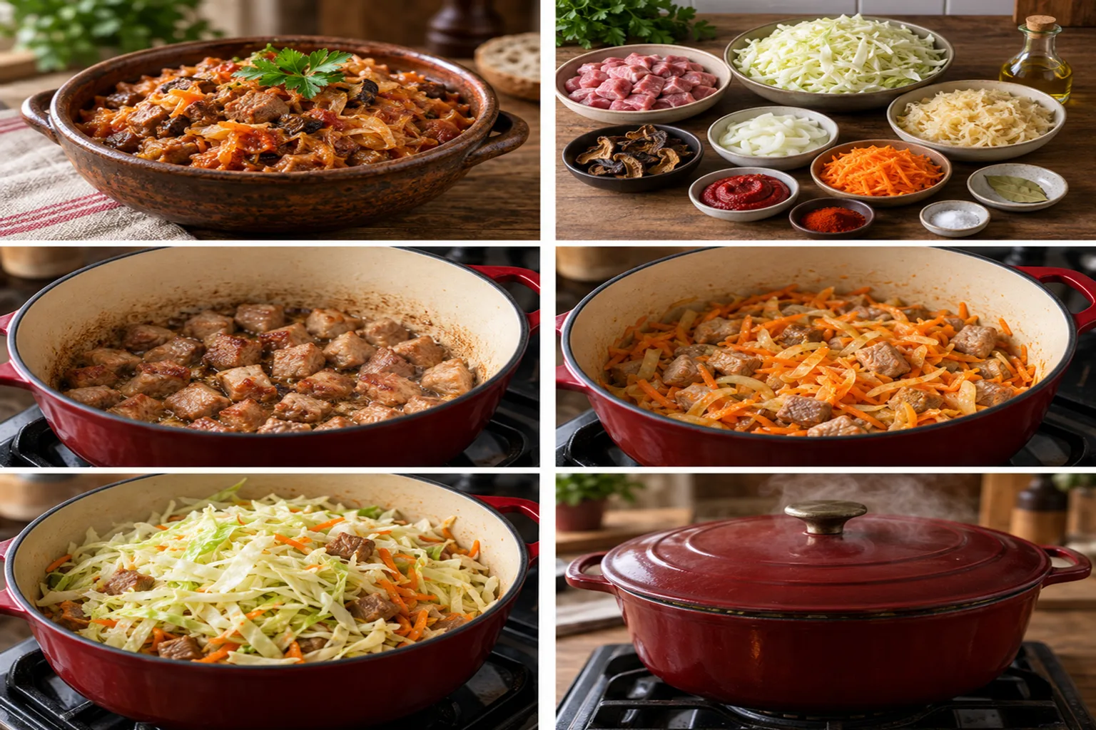 Густой Бигус с кусочками мяса и капустой в глиняной миске, украшенный веточкой укропа, на темном деревянном фоне.