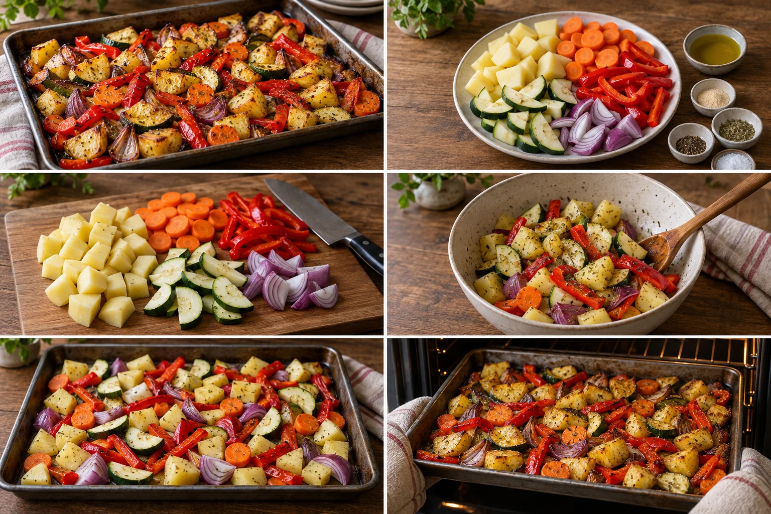 Vibrantno pečeno povrće (krompir, šargarepa, paprika, tikvice) na plehu, sa zlatnim ivicama.