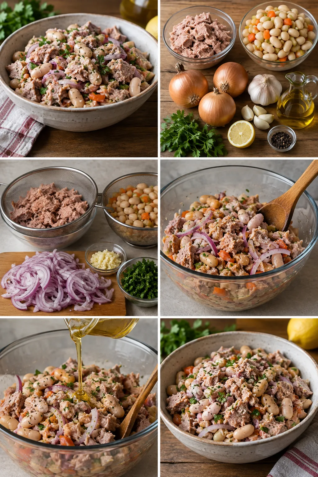 Salata od tunjevine lakše: tunjevinu potpuno ocedi i majonez zameni jogurtom i pasuljem. Salata od tunjevine zadržava domaći ukus kada se tunjevinu potpuno ocedi i majonez zameni jogurtom i pasuljem; približno 350–470 kcal po porciji.