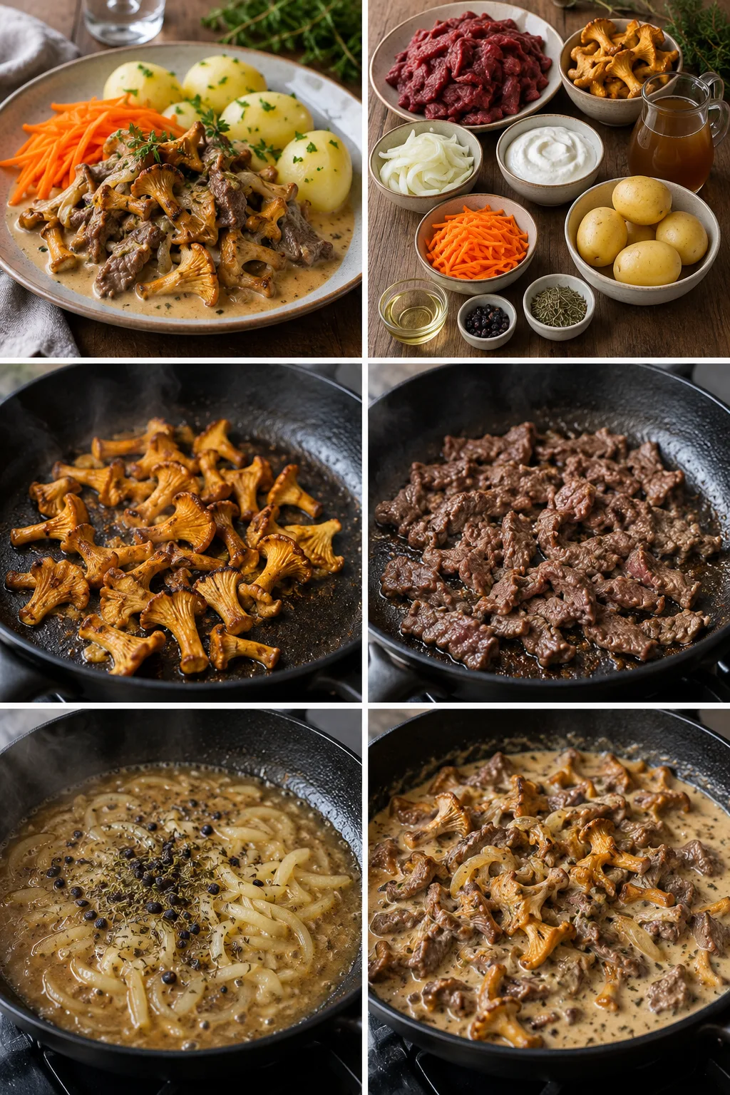 mört renskav med gyllene kantareller i lätt sås och kokt potatis