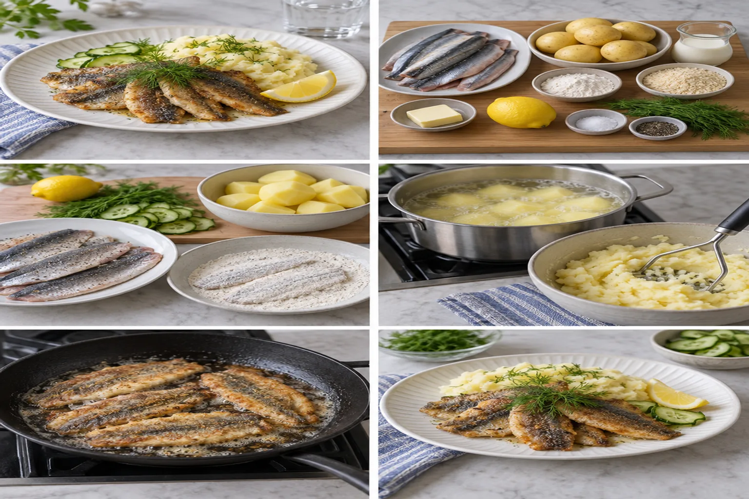 En tallrik med gyllenbrun stekt strömming, fluffigt potatismos, färsk dill och en skivad citronklyfta. Ljuset är mjukt och naturligt, med fokus på matens fräschör och textur. Serveras på en enkel, rustik tallrik.