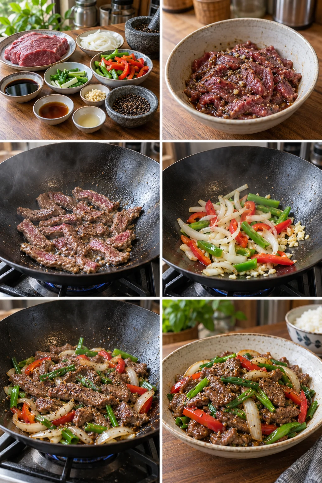 เนื้อผัดพริกไทยดำกับหอมใหญ่และพริกหวาน