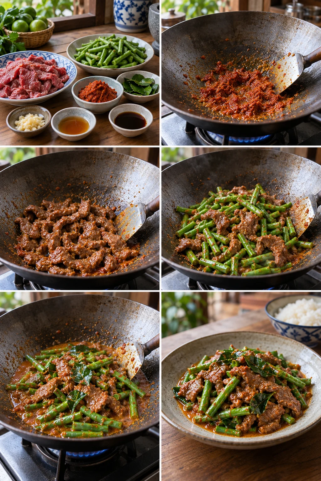 เนื้อผัดพริกแกงแดงกับถั่วฝักยาว