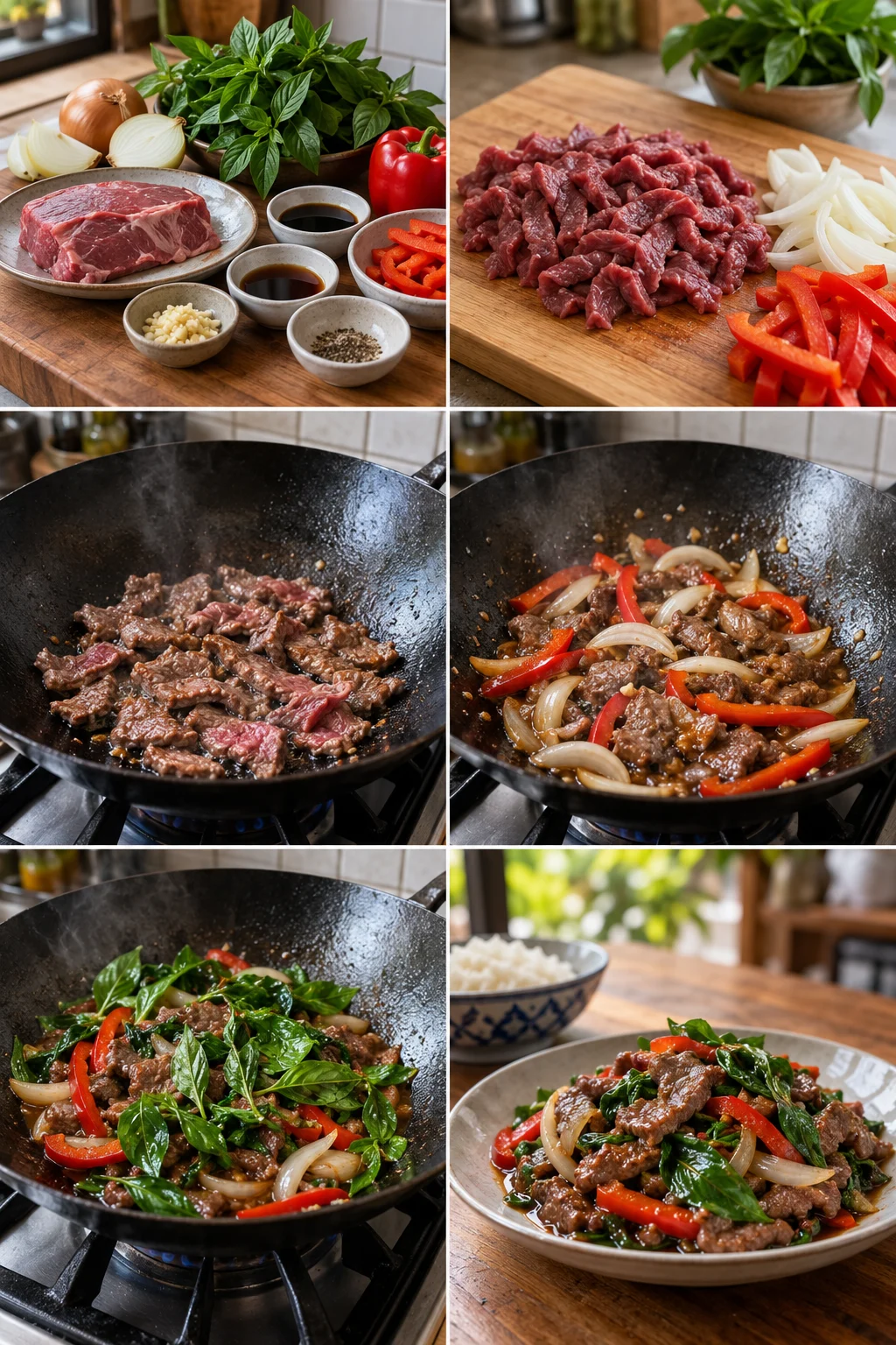 เนื้อผัดโหระพาหวานกับพริกหวานและหอมใหญ่