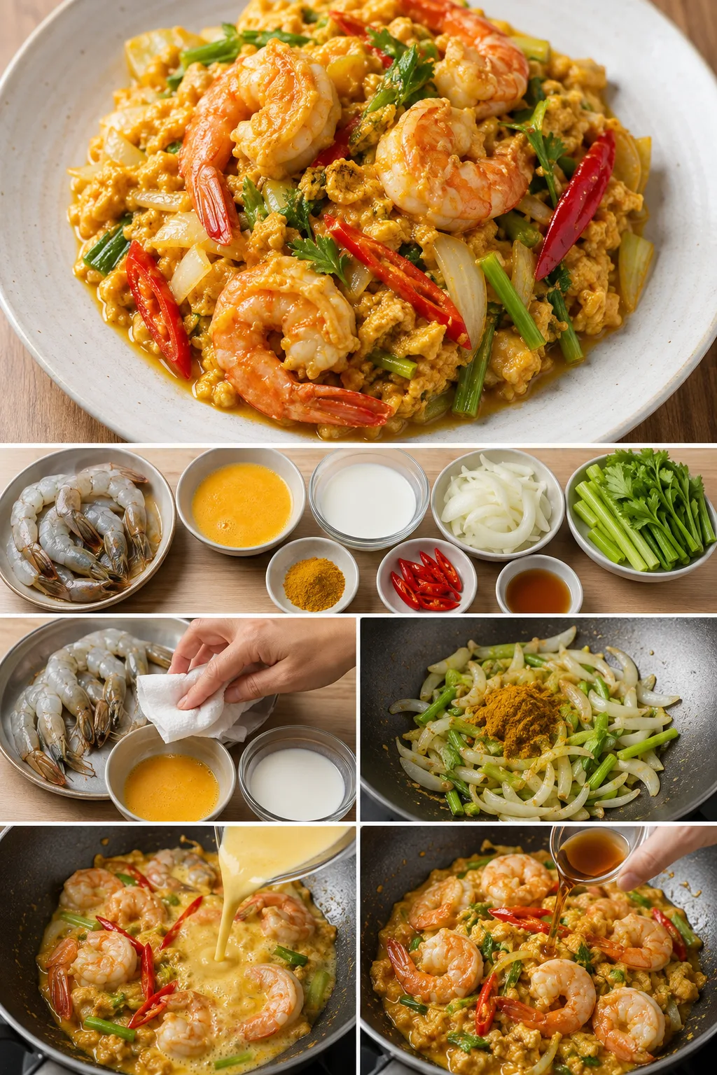 กุ้งผัดผงกะหรี่ แบบบ้านที่เบาลงและยังคงหน้าตาคุ้นเคย