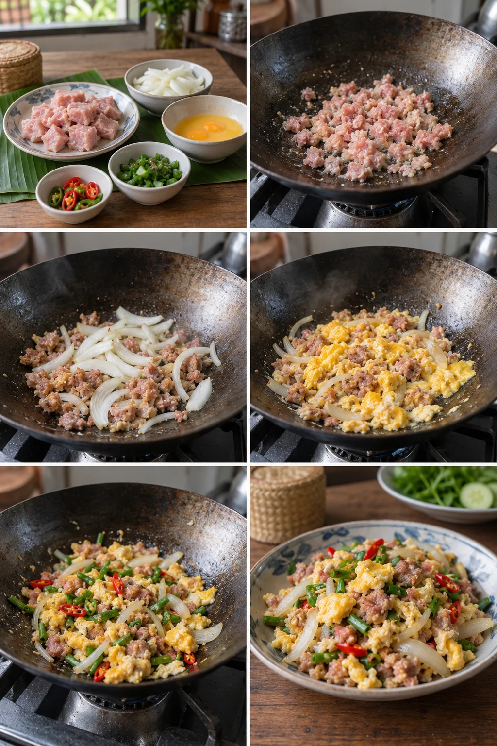 แหนมผัดไข่กับหอมใหญ่ พริกและต้นหอม