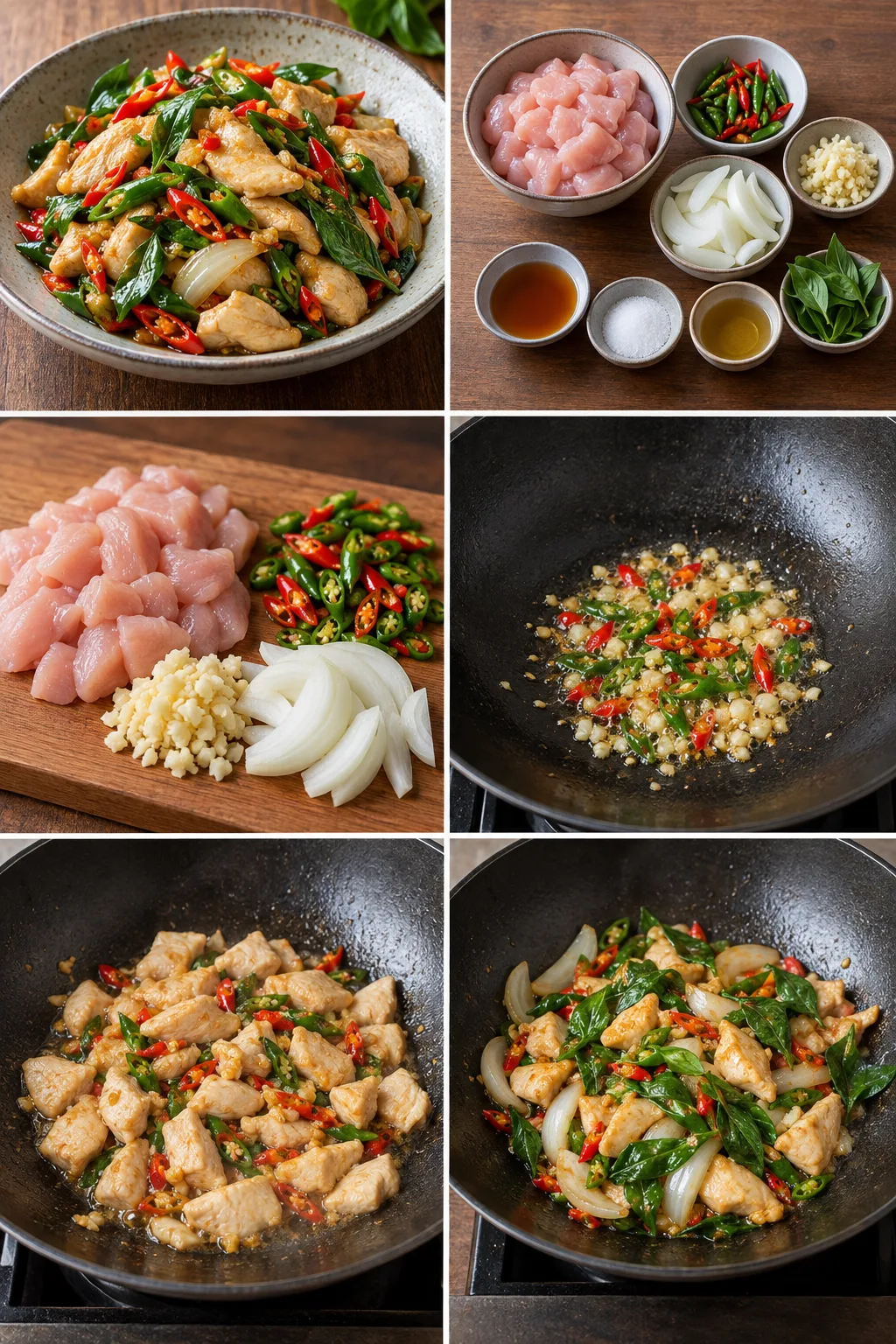 ไก่ผัดพริกสด จานเบาสำหรับสองที่ที่ปรุงเสร็จแล้ว