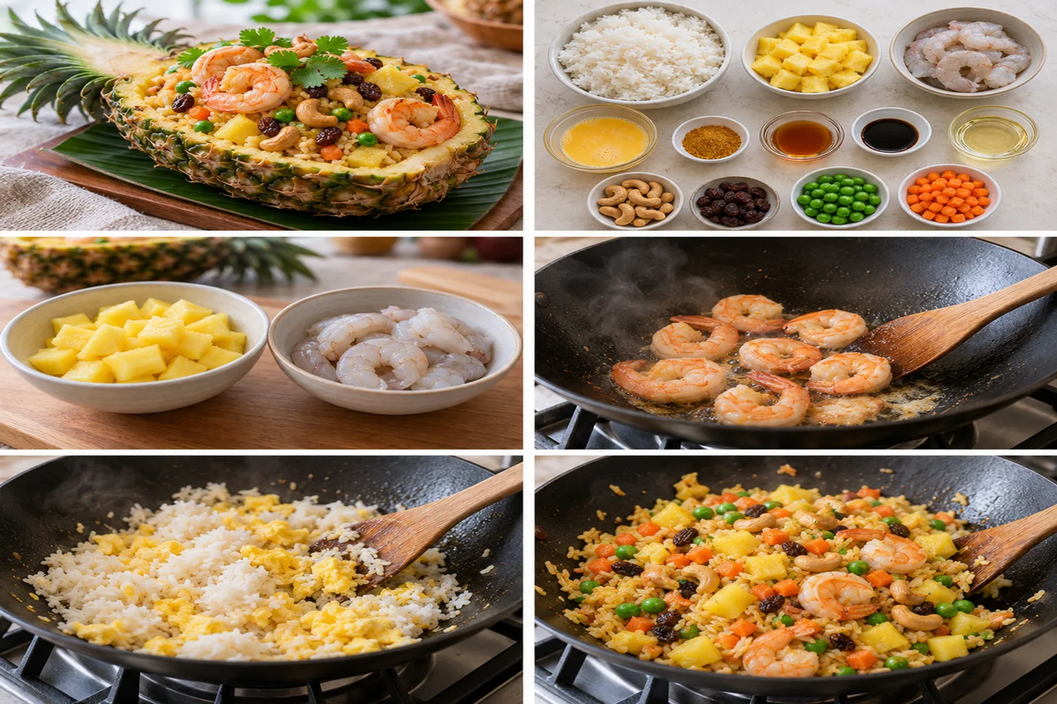 ข้าวผัดสับปะรดสีเหลืองทองในลูกสับปะรด มีกุ้งและเม็ดมะม่วงหิมพานต์