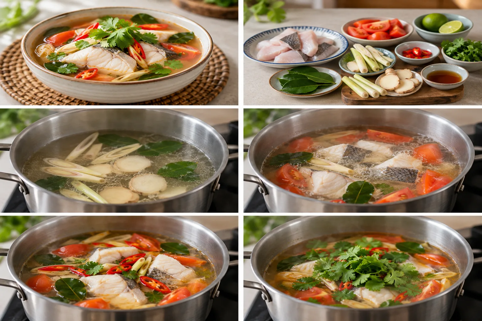 A steaming bowl of clear Tom Yum fish soup, showcasing tender white fish chunks, vibrant red chilies, green herbs, and sliced mushrooms, all immersed in a fragrant, translucent broth. The bowl is placed on a dark, rustic wooden table, with soft steam rising, indicating its warmth and freshness. Garnish includes fresh cilantro and lime wedges, enhancing its visual appeal under bright, natural light.