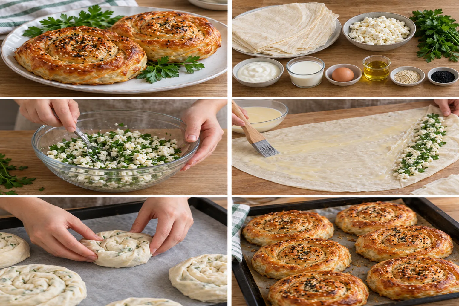 Parlak beyaz bir tabakta, altın rengi kızarmış, ortası hafifçe açılmış, susam ve çörek otu serpilmiş iki adet gül böreği. Arkasında hafif bulanık, geleneksel Türk motifli bir masa örtüsü.