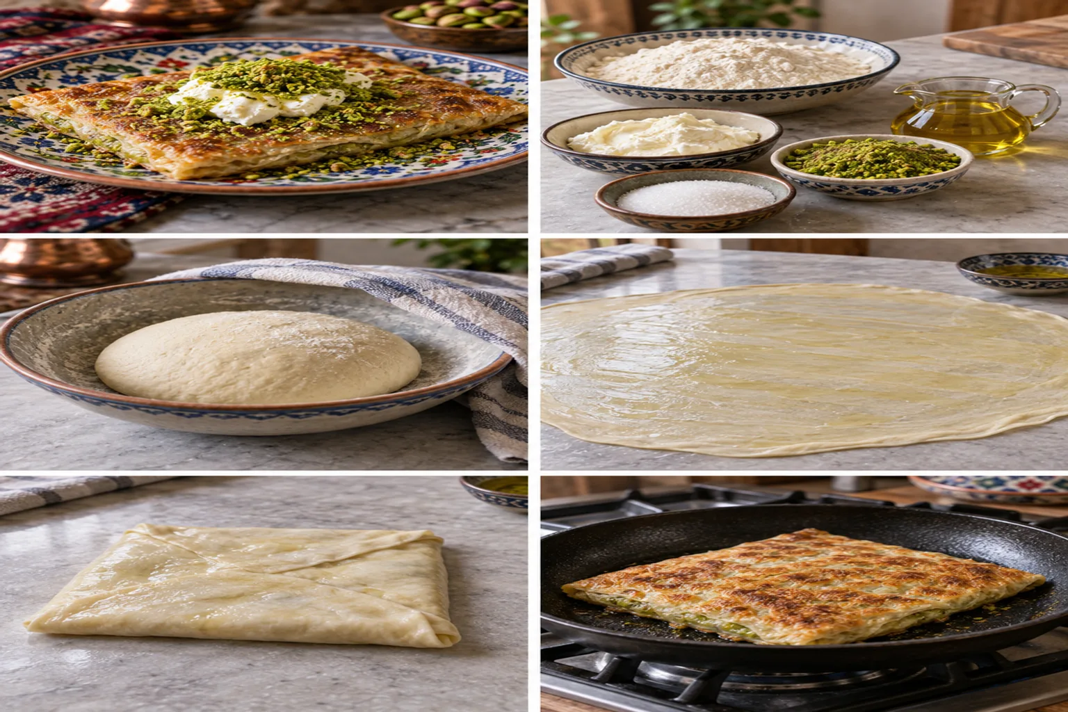 Geniş bir tabakta, üzerine kaymak ve Antep fıstığı serpilmiş, sıcak ve pul pul katmer