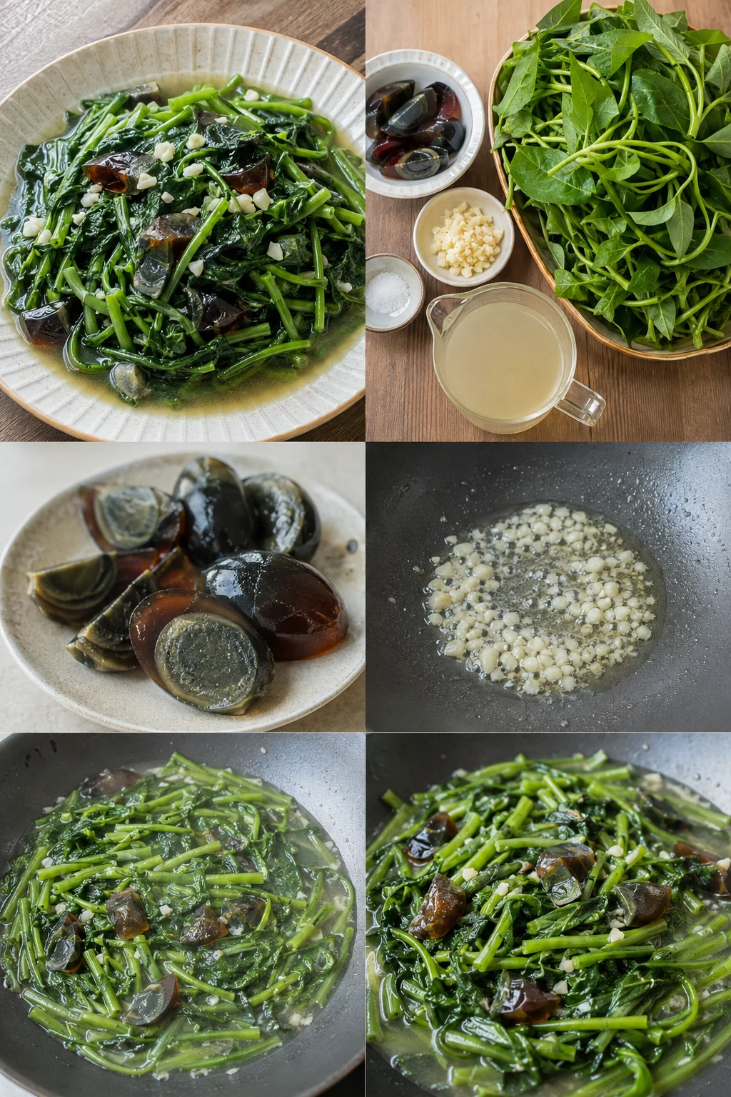 定量油鹽後完成的清爽台灣家常皮蛋地瓜葉