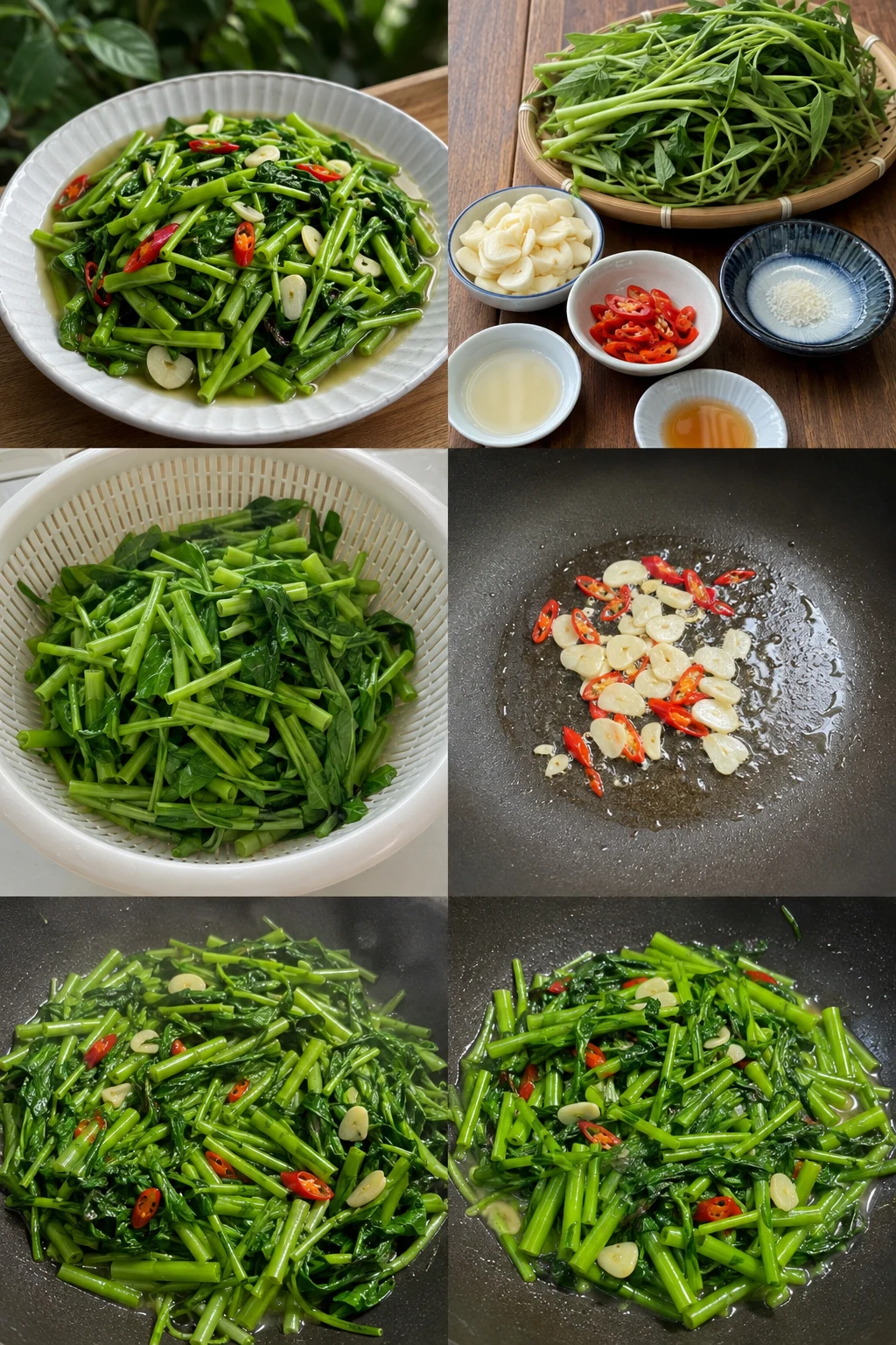 定量油鹽後完成的清爽台灣家常蒜炒空心菜