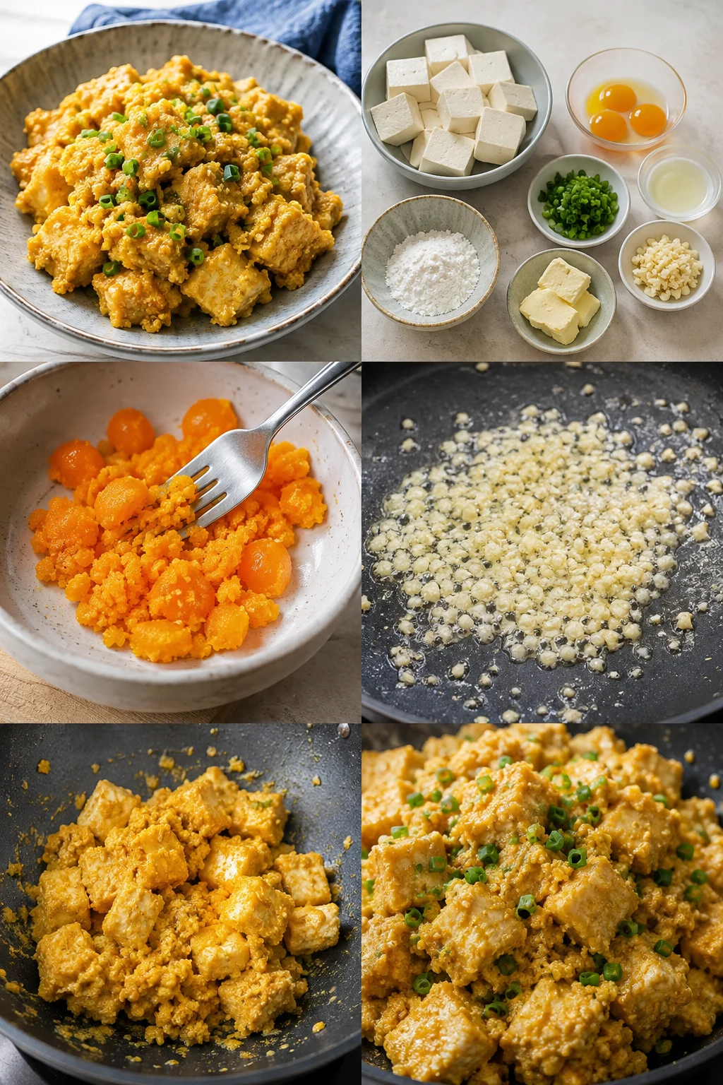 定量油鹽後完成的清爽台灣家常金沙豆腐